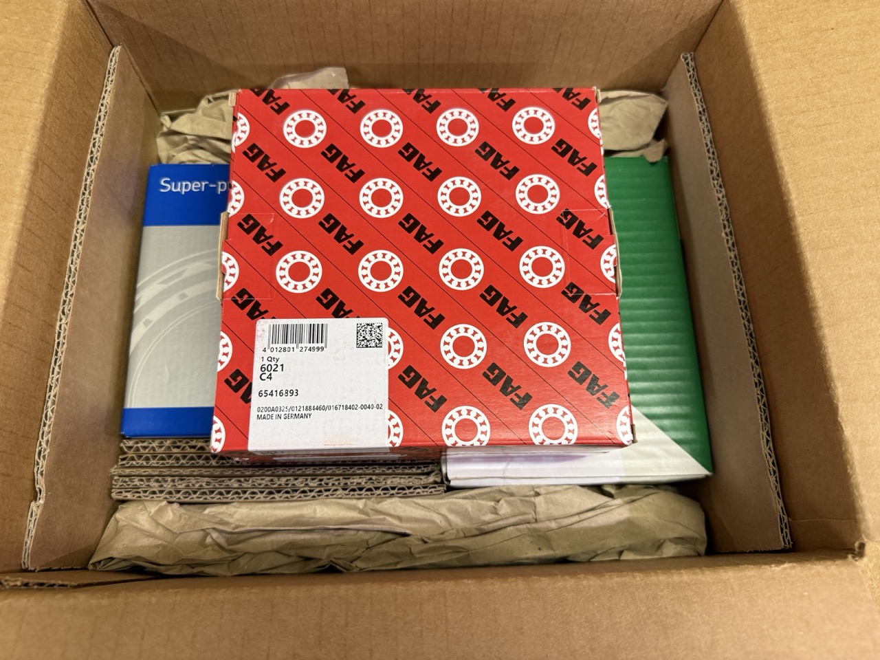 Bearings padded and protected inside the shipping box