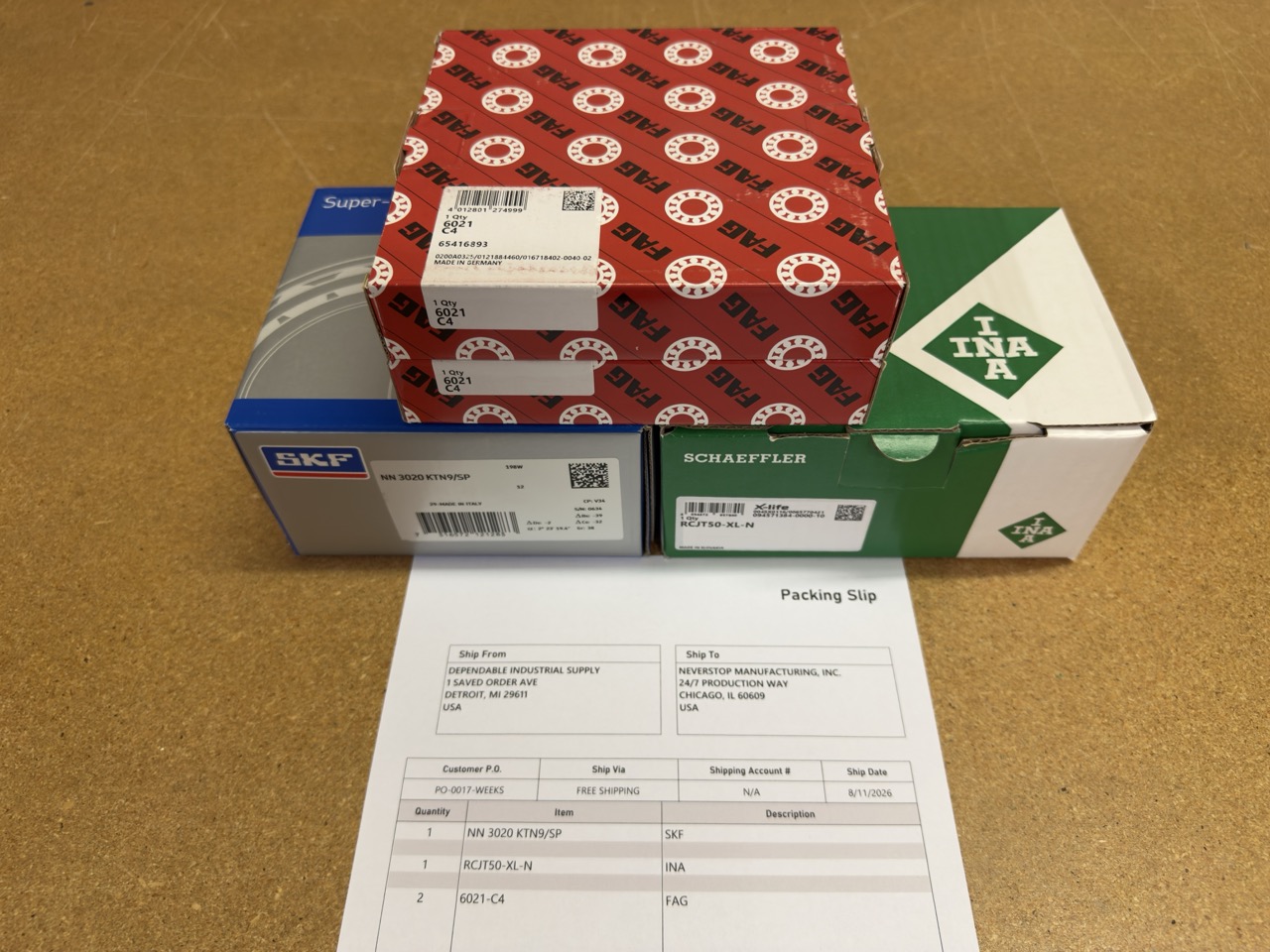 Bearings verified against the packing slip before packing